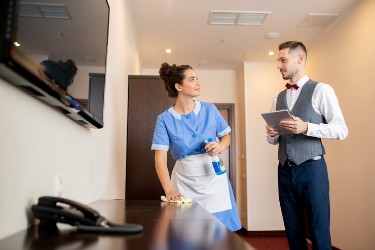 pretty-young-room-maid-cleaning-wooden-furniture-with-detergent-duster-while-talking-porter-corridor-hotel_274679-2975